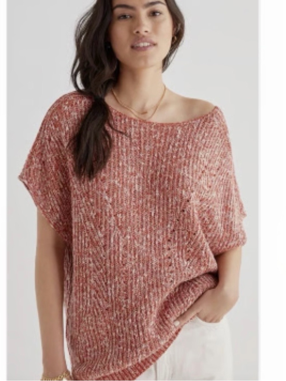 Anthropologie Pilcro Open Back Knit Tunic Sweater Orange White XS-Boho- Coastal